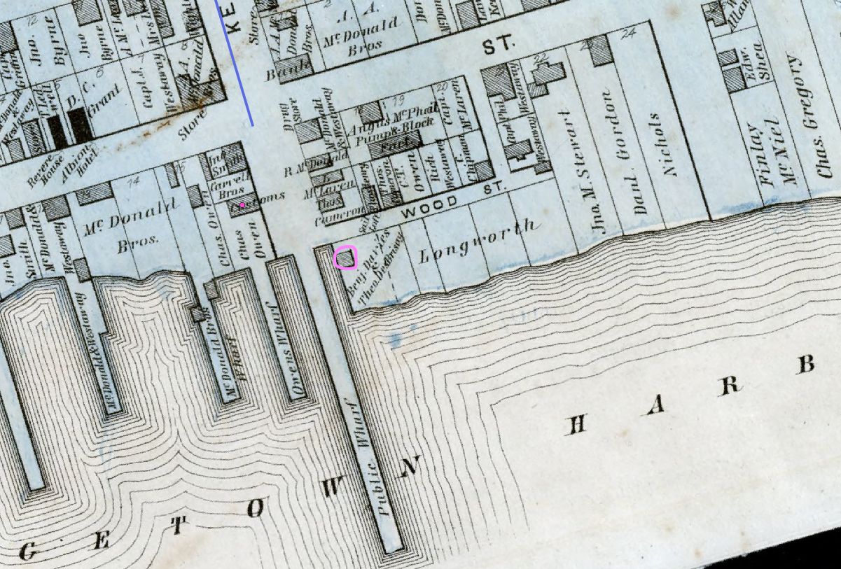 Figure 4.51. Near the top of the image the Georgetown’s customs house on the map is marked with a pink dot and Benjamin Davies’ shipyard is circled in pink near the middle of the screen.