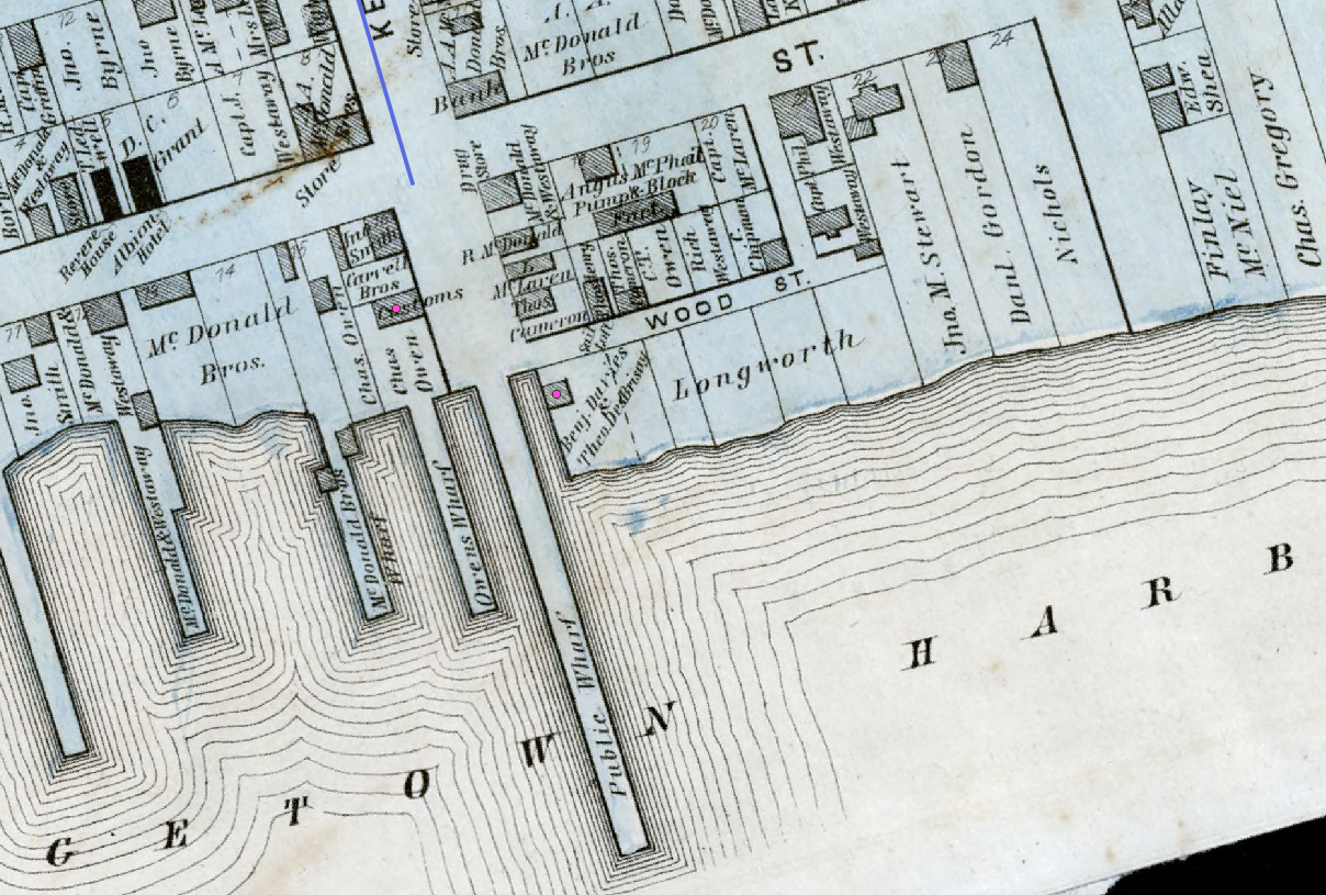 Figure 4.52. Near the top of the image the Georgetown’s customs house on the map is marked with a pink dot and Benjamin Davies’ shipyard is identified with a pink dot near the middle of the screen.