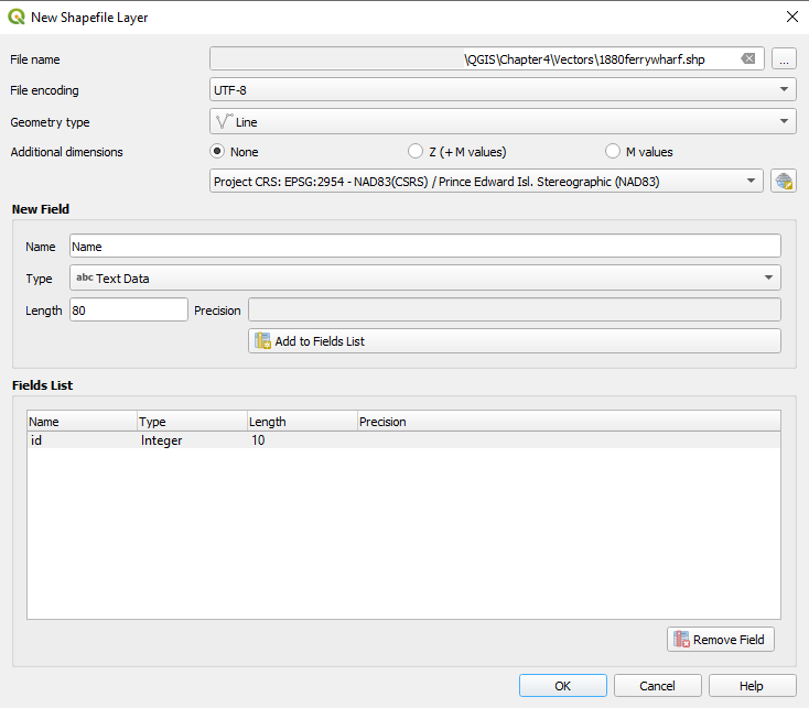 Figure 4.55. In the New Shapefile Layer with the values: File Encoding: UTF-8, Geometry Type: Line.