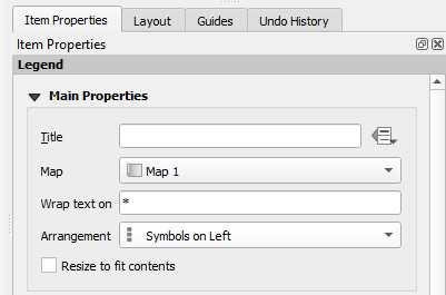 Figure 5.51. This shows that in the Item Properties dialog box under Legend, Main properties the title section left blank, Map selection is Map 1, under wrap text on is an asterix, and arrangement set as Symbols on Left.