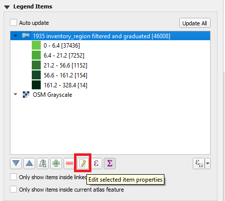 Figure 5.53. In this the 1935 inventory_region filtered and graduated layer is selected and the sixth button at the bottom of the panel, the Edit Selected Item Properties, is highlighted with a red box around it. This button can be identified by the pencil on paper icon.