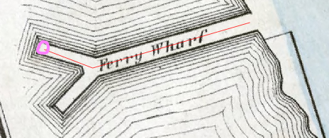 Figure 4.62. The upper part of the fork now has a pink circle locating the end of the Warf and the red line follows from the base to this position.