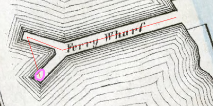 Figure 4.63. From the upper part of the wharf fork to the lower part of the fork in the picture the red line follows and the pink circle is now at the lower part of the fork.