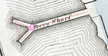 Figure 4.64. The pink circle is back to the point of the Y where the fork begins and the red line now has a triangle surrounding the forks of the Wharf.