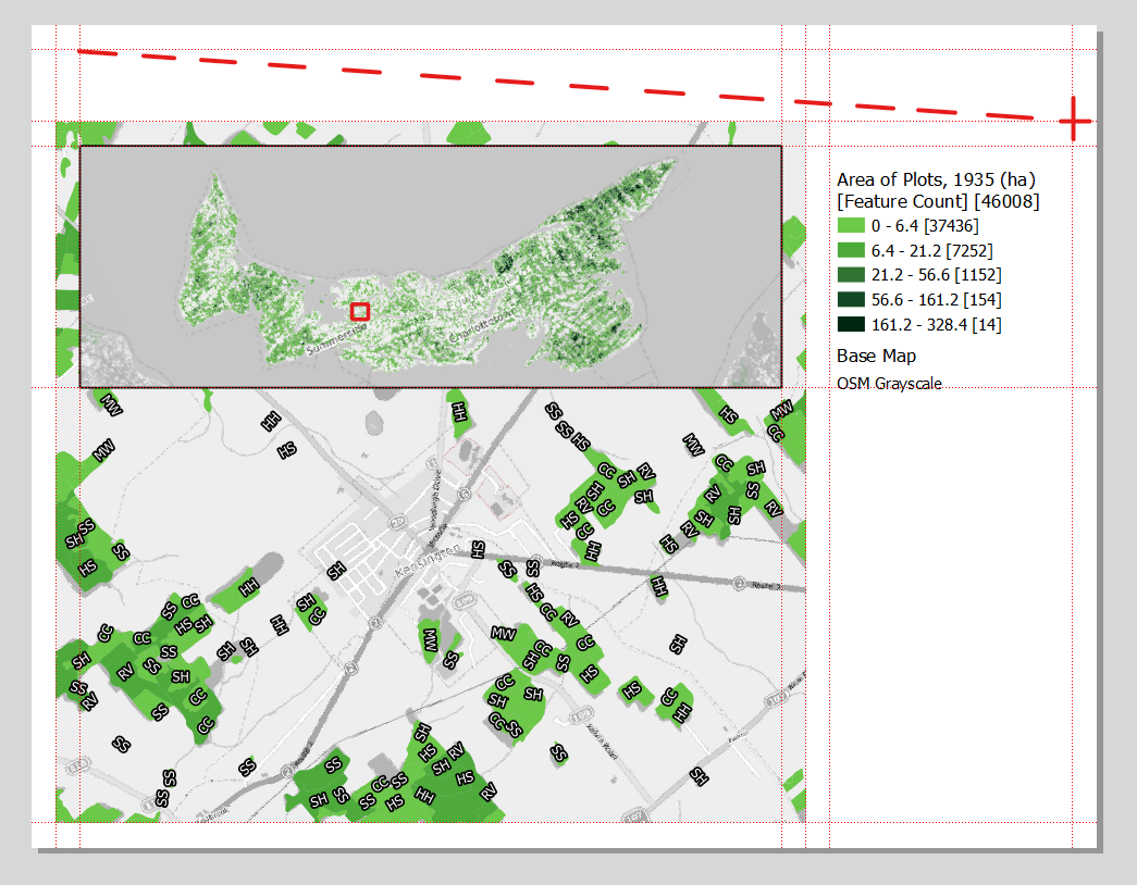 Figure 5.64. This shows the textbox across the top of the main map frame, nestling in within the guidelines.