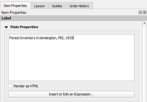 Figure 5.65. This shows under Main Properties, “Forest Inventory in Kensington, PEI, 1935” typed in.