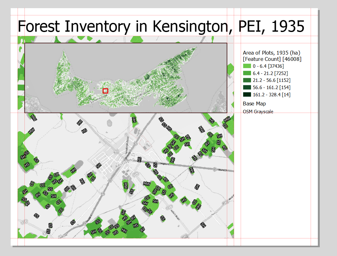 Figure 5.68. This shows the map and legend with the title “Forest Inventory in Kensington, PEI, 1935” added.