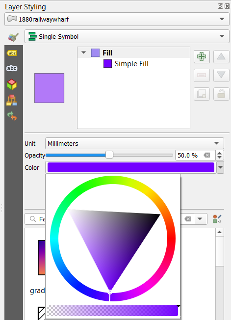 Figure 4.80. In the layer styling panel the colour of the polygon is changed to purple and the Opacity is set to 50%.