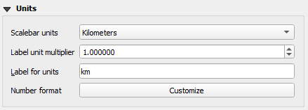 Figure 5.72. In the image under the Item Properties tab, under Units, the Scalebar units are changed to Kilometres.