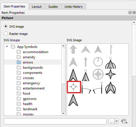 Figure 5.77. In the Item Properties tab, then pictures under the SVG Image drop down in “App Symbols,” “arrows.” is selected and then the four-headed compass rose that features the letters N, E, S, and W is chosen.