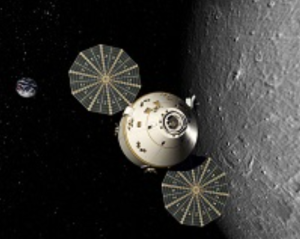 An illustration of a spacecraft with two large circular solar panels orbiting close to the Moon, with Earth visible in the background.