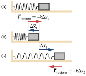 A spring connected to a block showing relaxed, compressed, and stretched states.